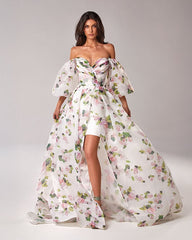Apple Blossom Elegant floral puff sleeve maxi dress