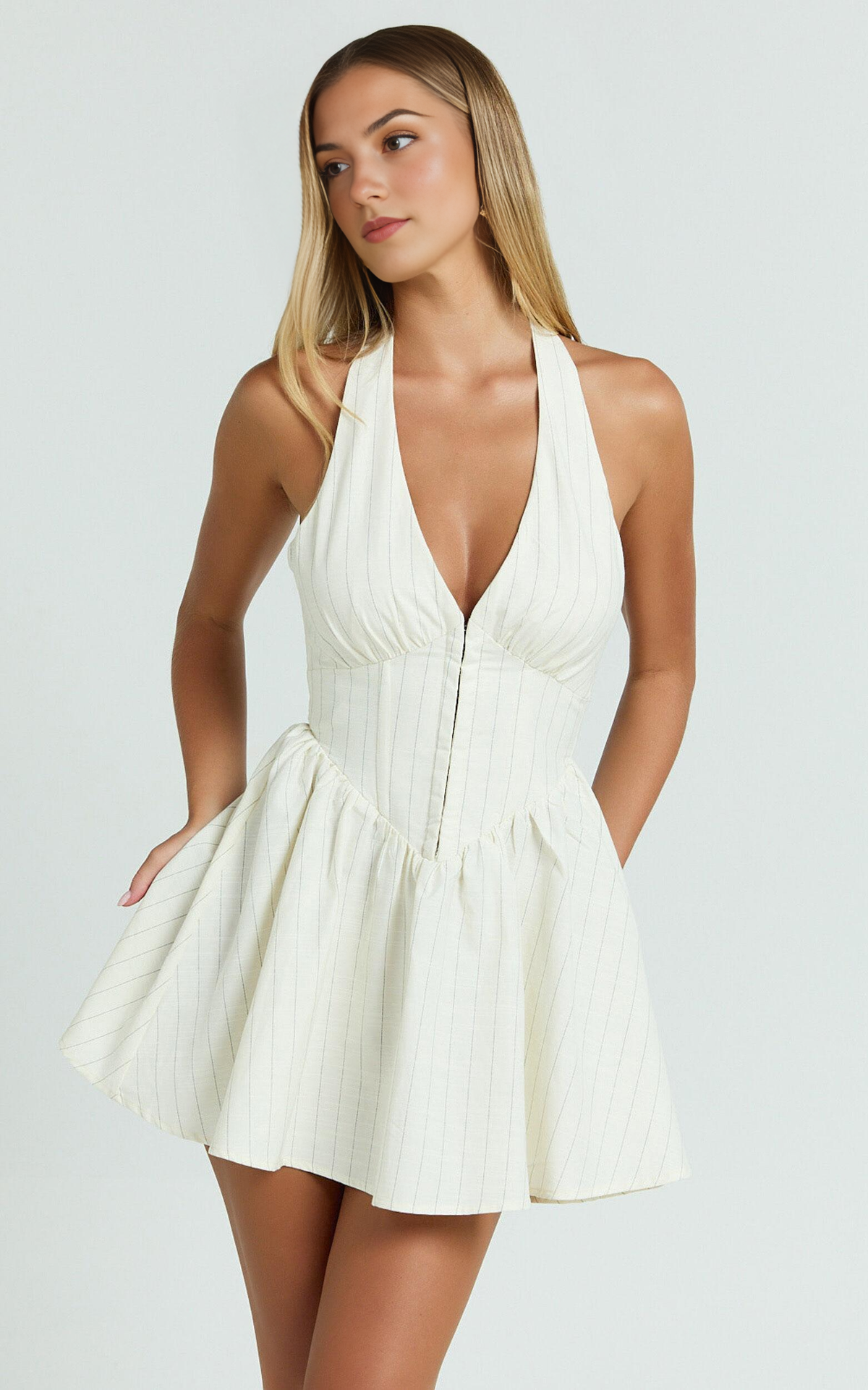 Halterneck Corset Waist Mini Dress with Gathered Skirt in Cream