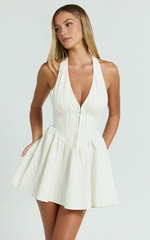 Halterneck Corset Waist Mini Dress with Gathered Skirt in Cream