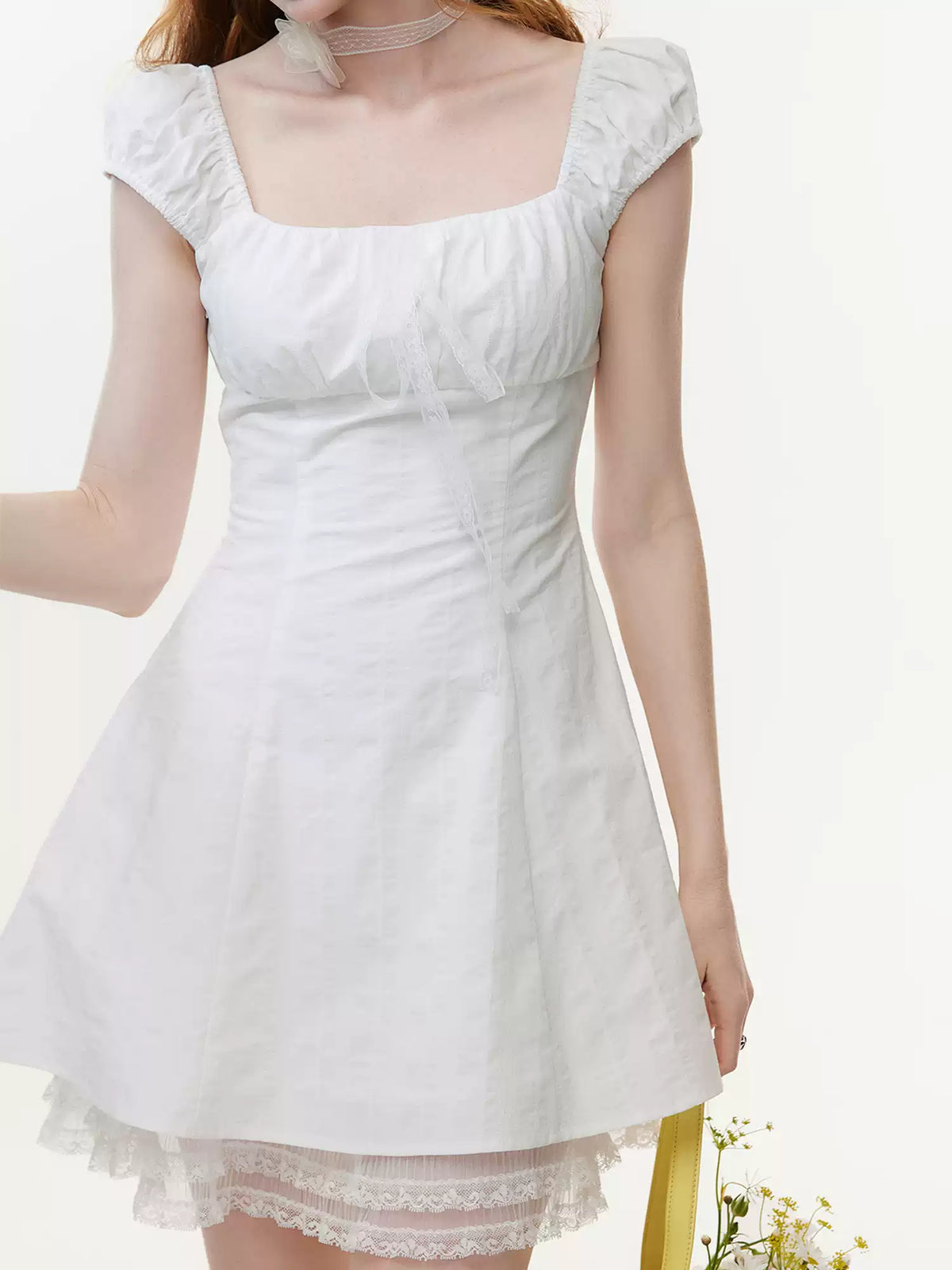 White Lace Trim Square Neck Mini Dress