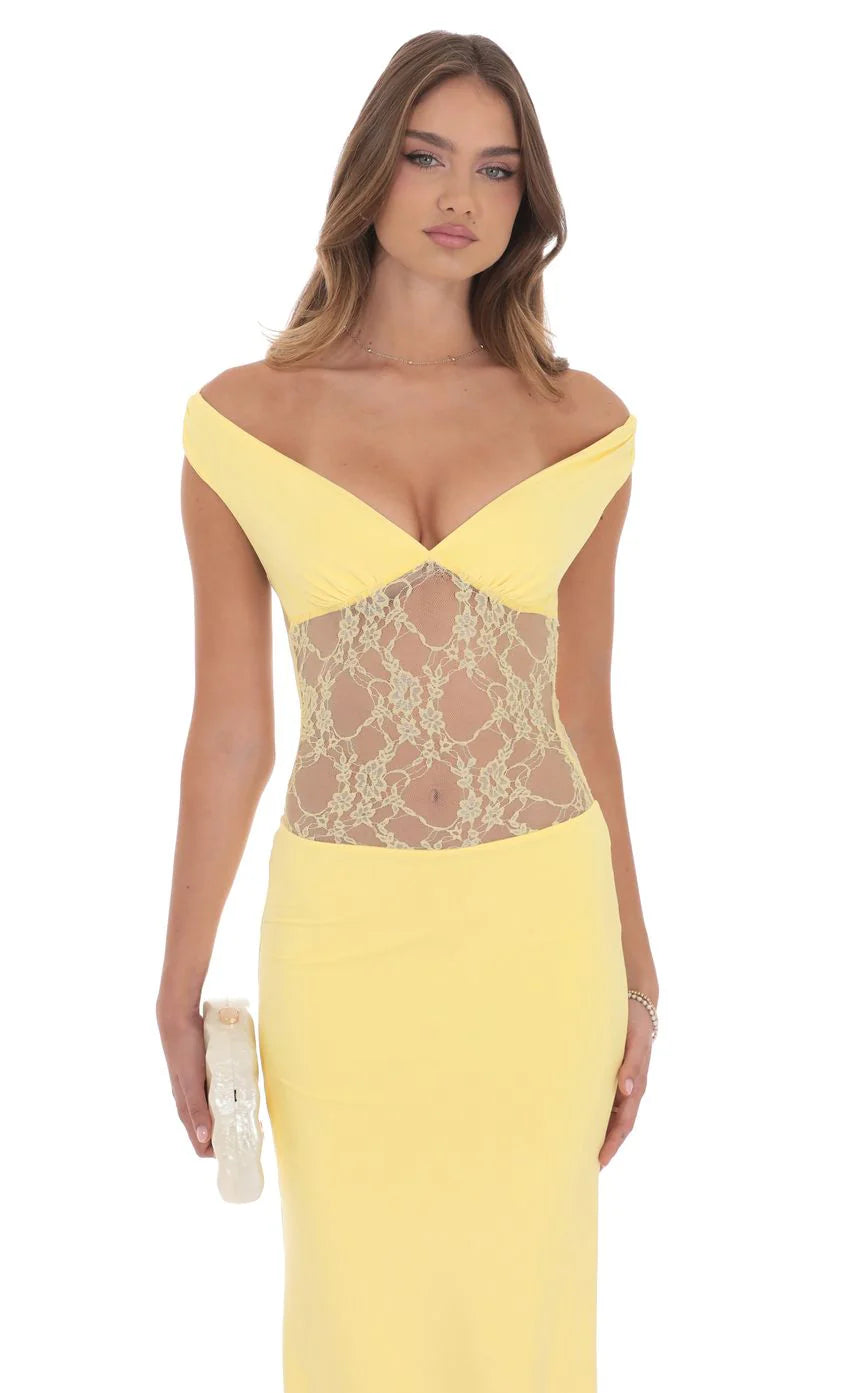 Off Shoulder Lace Cutout Maxi Dress in Yellow