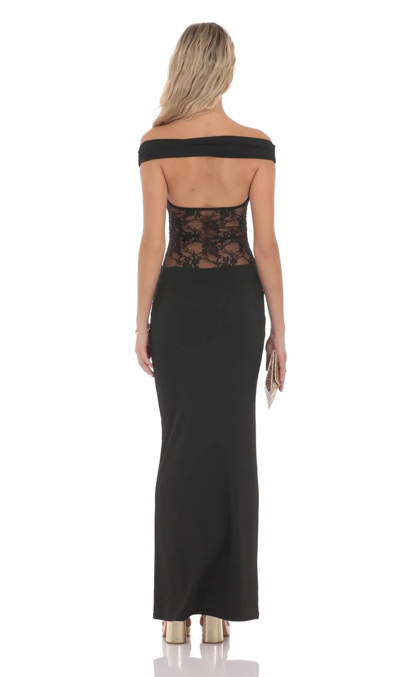 Off Shoulder Lace Cutout Maxi Dress in Black