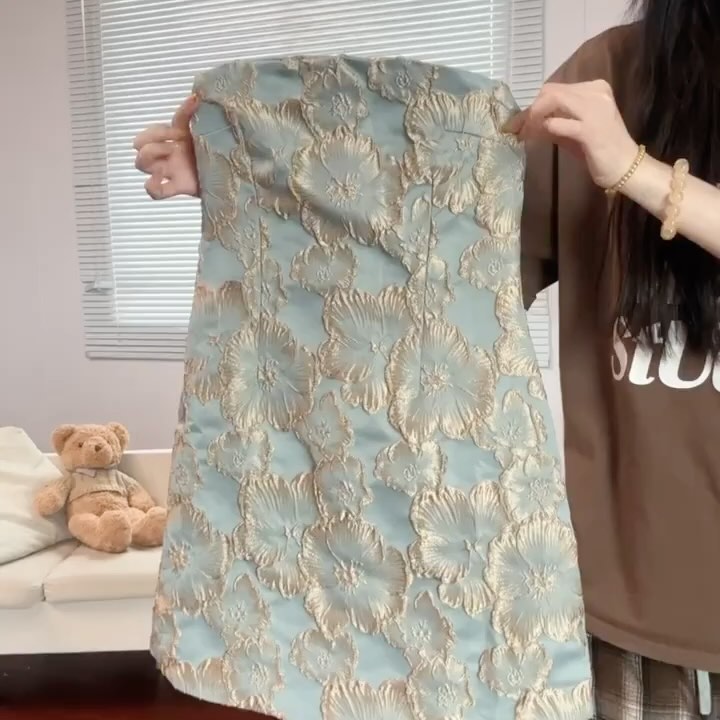 Aesthetic Pose Slate Blue and Gold Jacquard Strapless Mini Dress