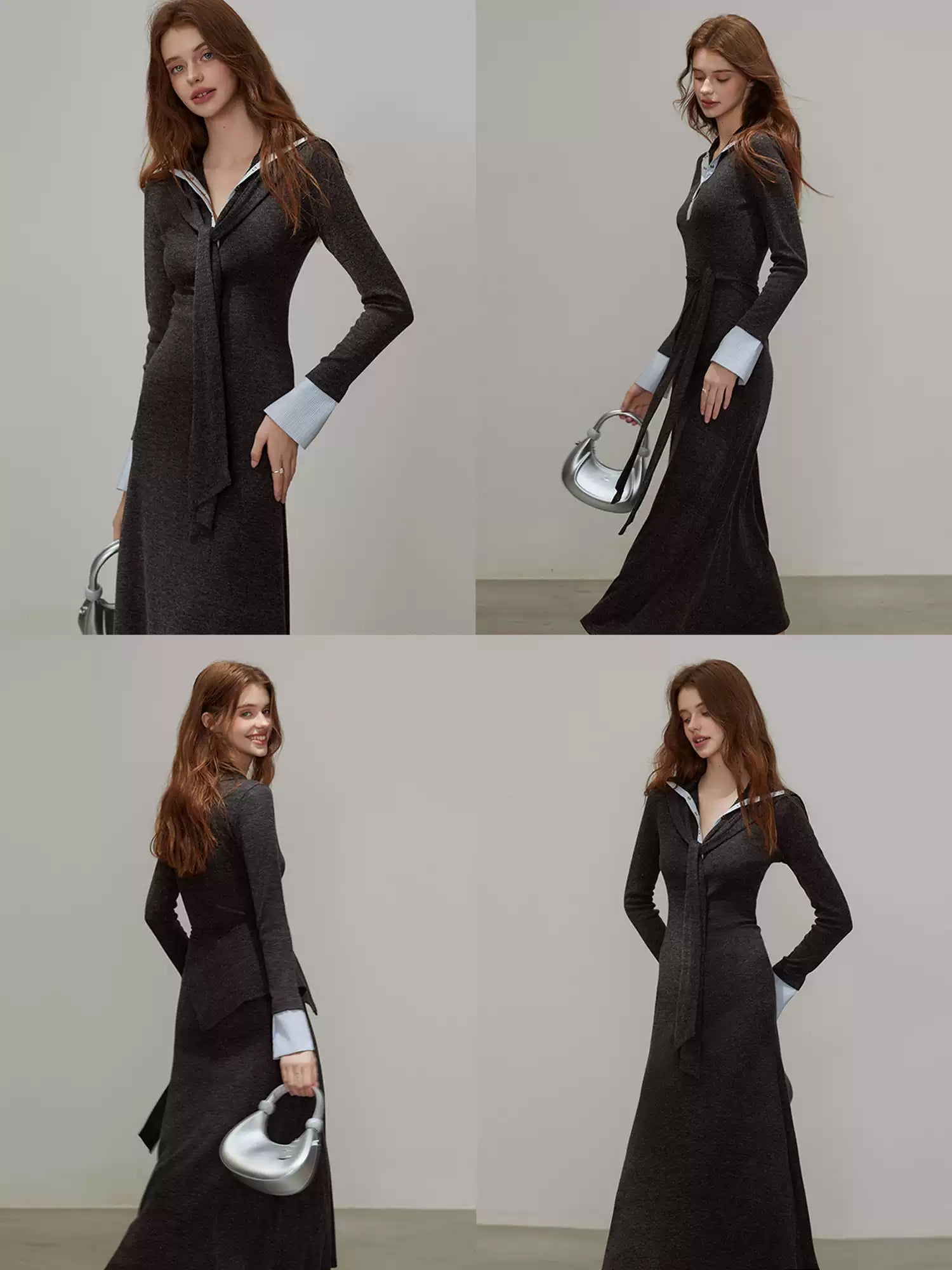 Crew Neck Contrast Trim Half-Buttoned A-Line Dress