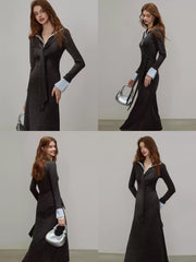 Crew Neck Contrast Trim Half-Buttoned A-Line Dress
