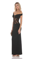 Off Shoulder Lace Cutout Maxi Dress in Black