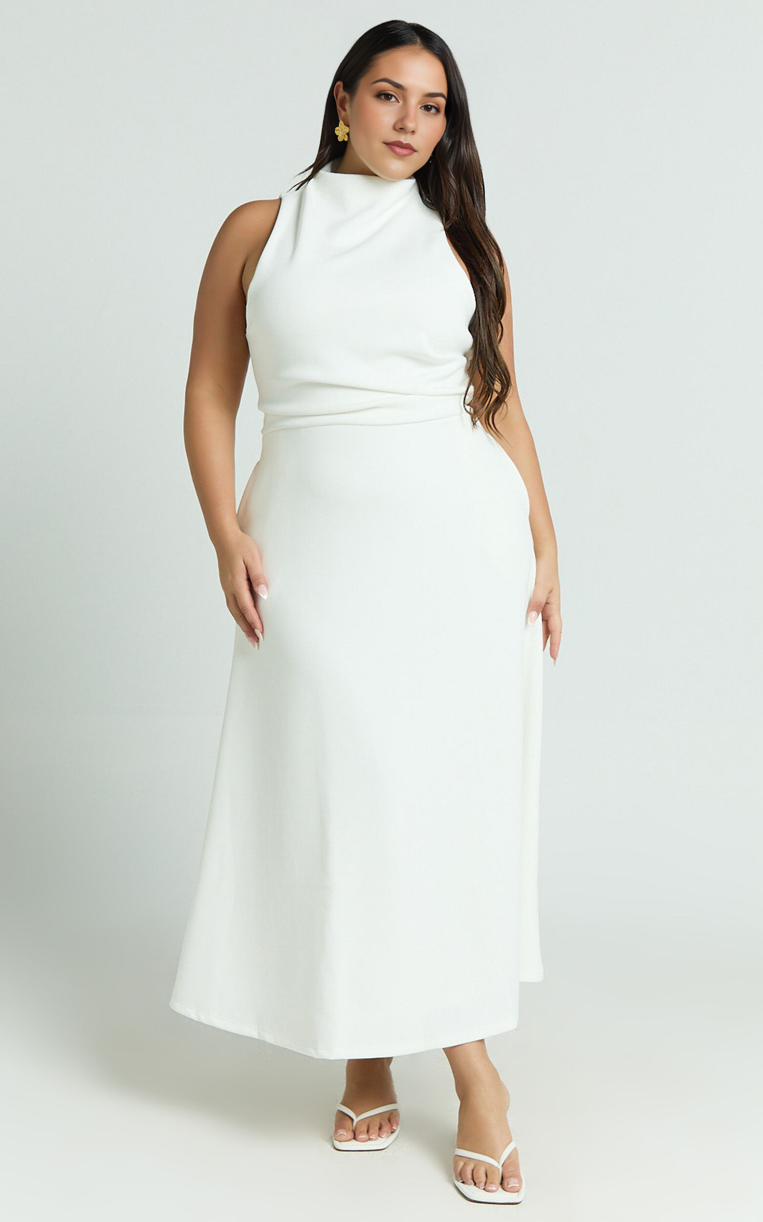 Macy Midi Dress – Sleeveless High-Neck A-Line Dress in Off White