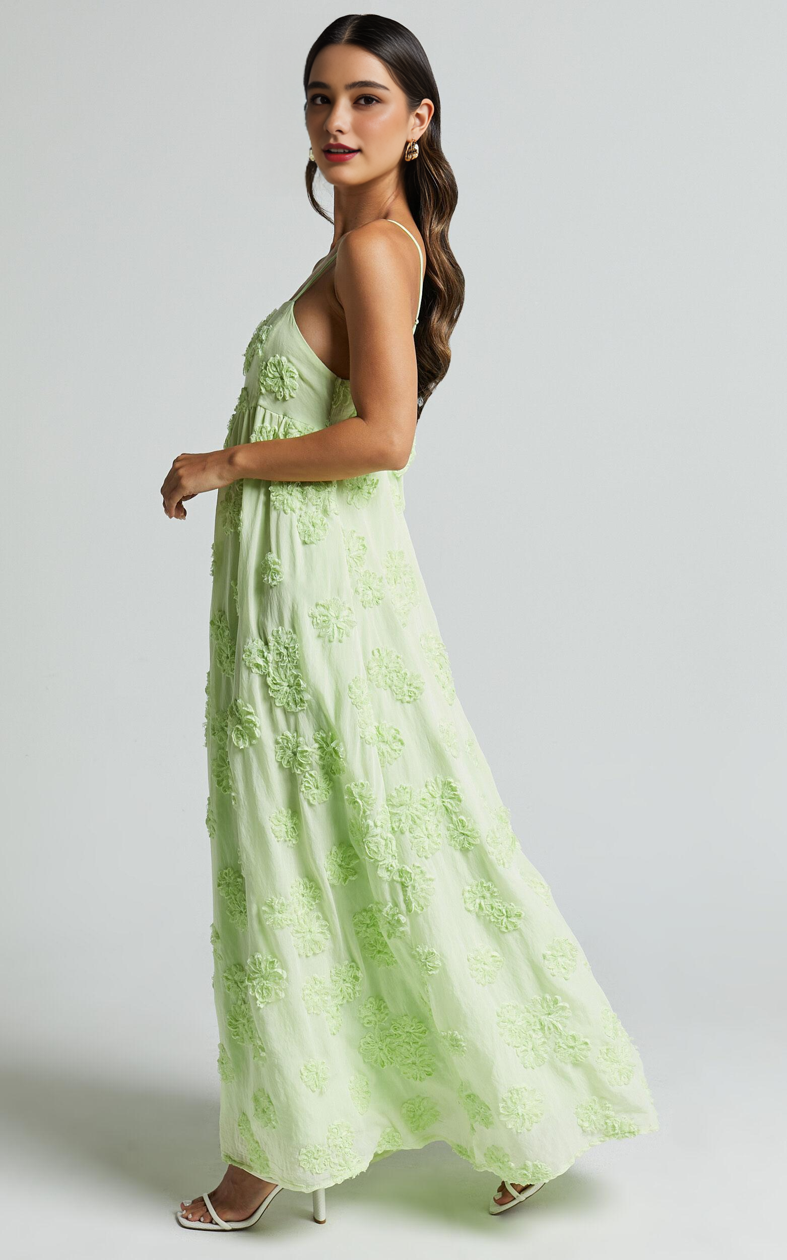Floral Maxi Dress - Sleeveless V-Neck Summer Dress in Lime