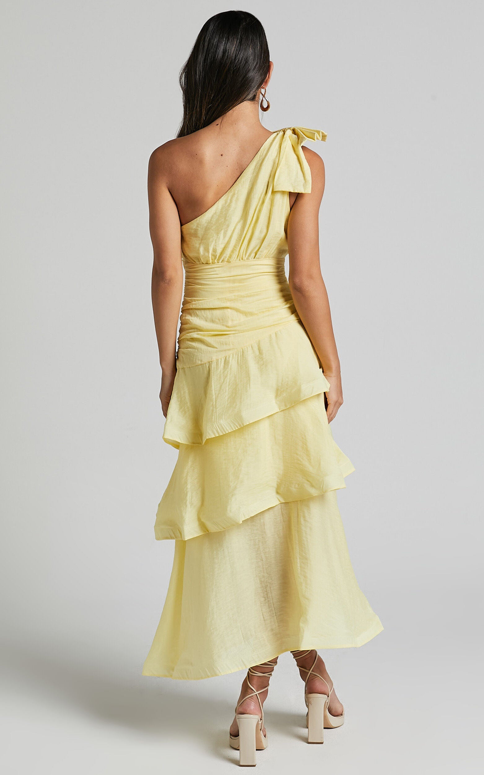 Eugenia Midi Dress – Yellow One-Shoulder Layered Fit & Flare Dress