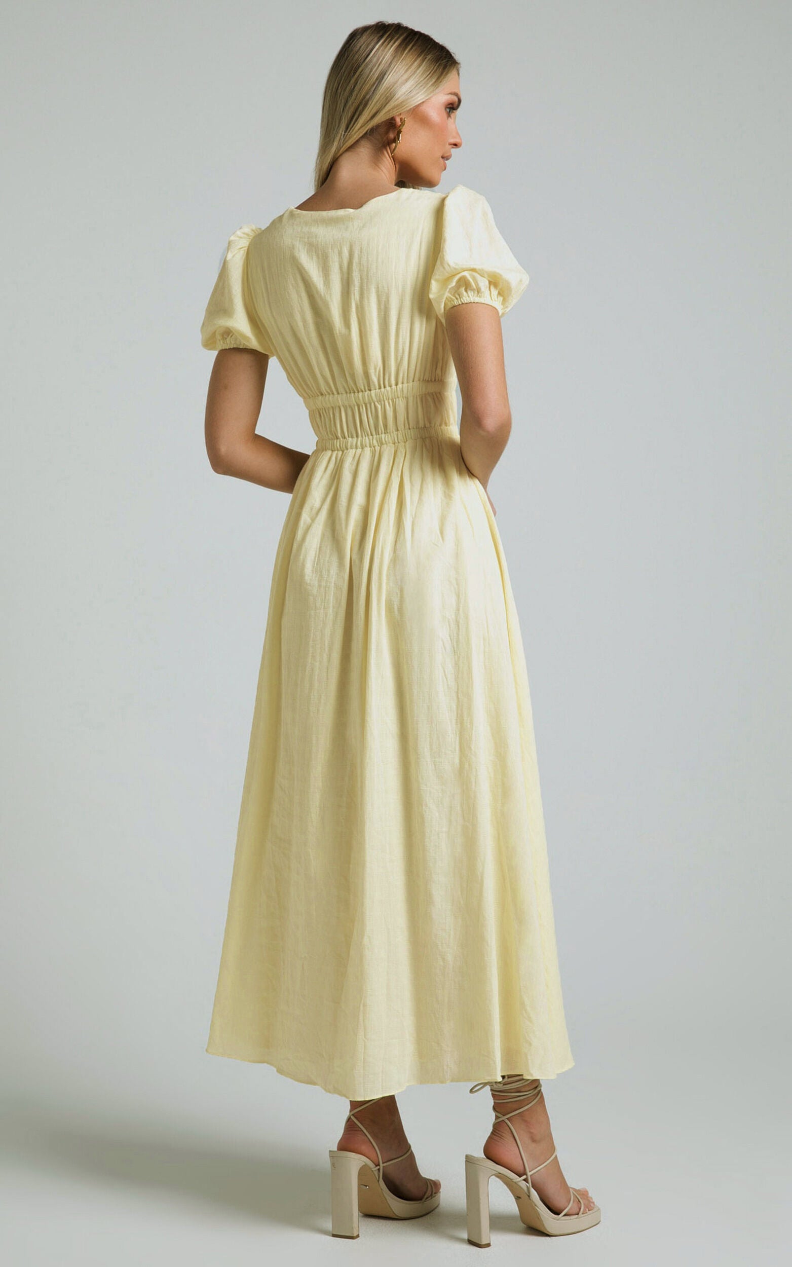 Portofino Midi Dress – Yellow V-Neck Puff Sleeve Midi for Effortless Daytime Style