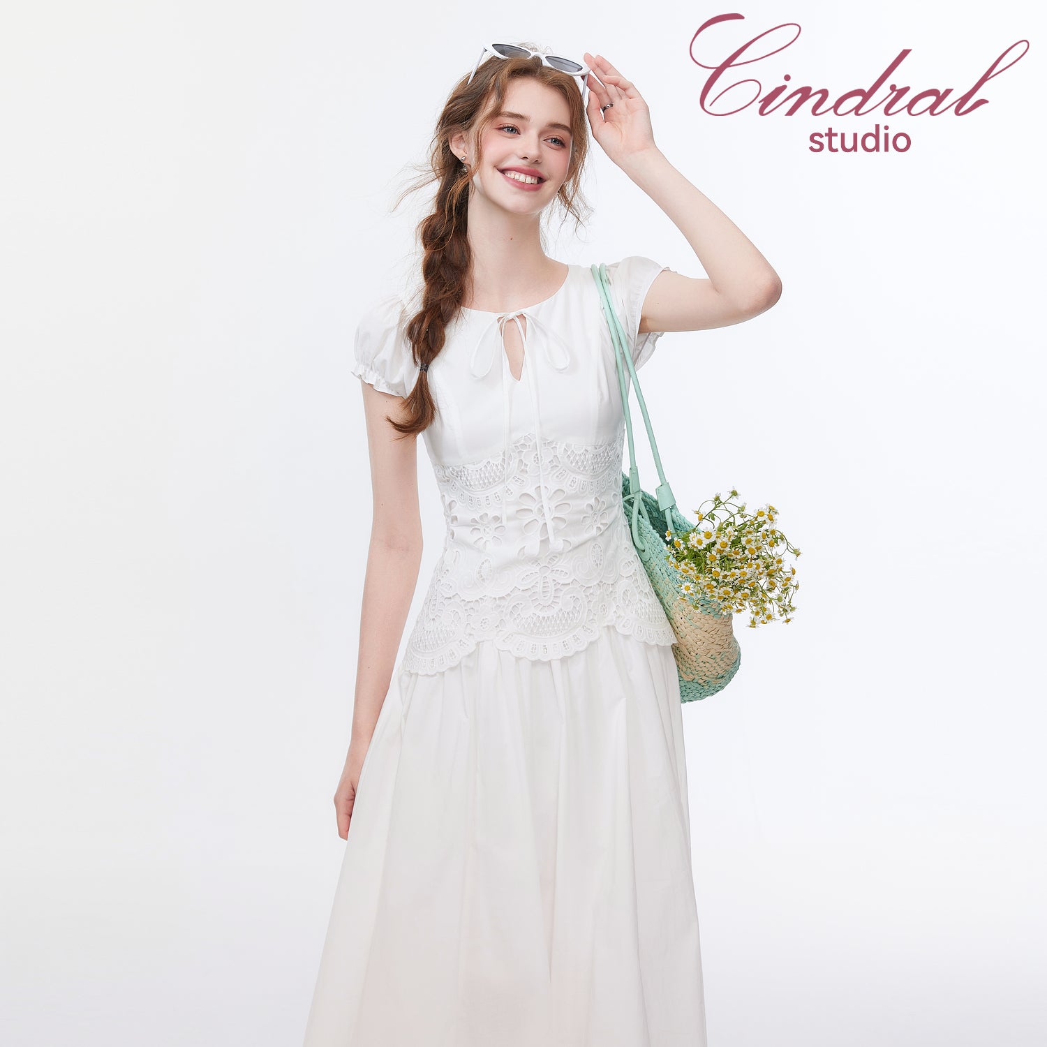 Lace-Paneled Cotton Poplin Midi Dress