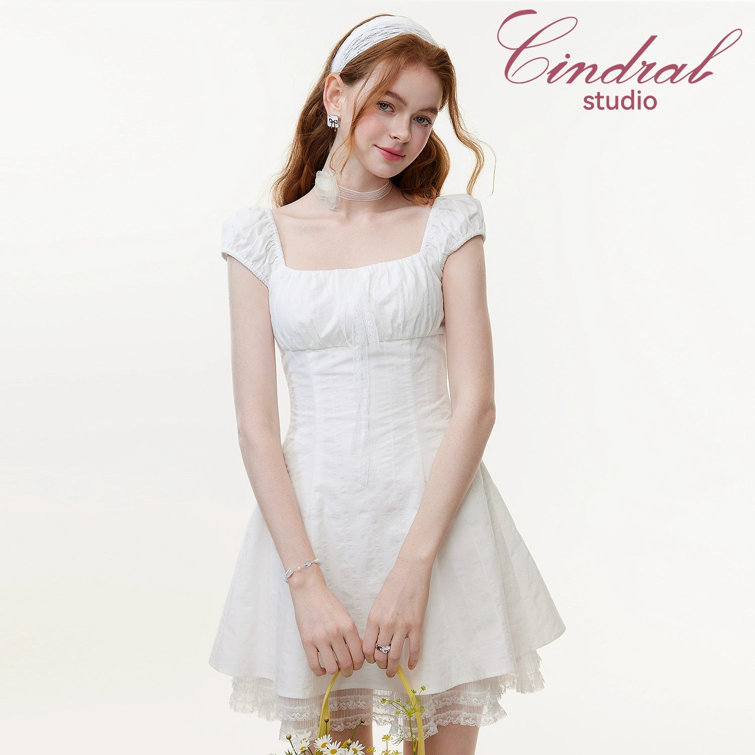 White Lace Trim Square Neck Mini Dress