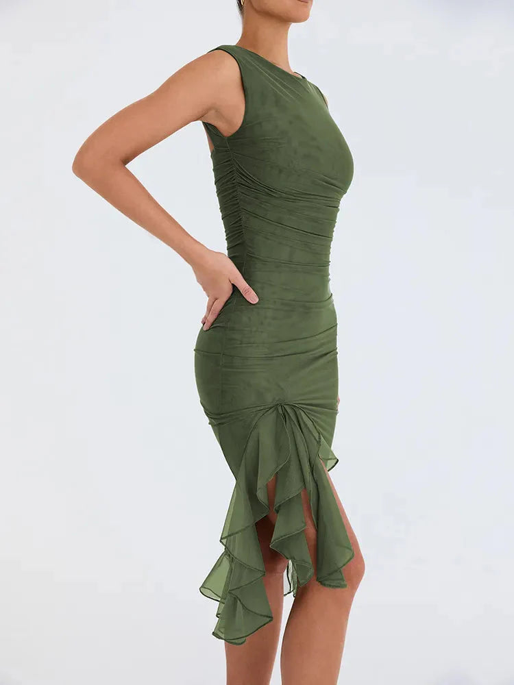 Mermaid Whispers Ruffled Ruched Hem Midi Dress