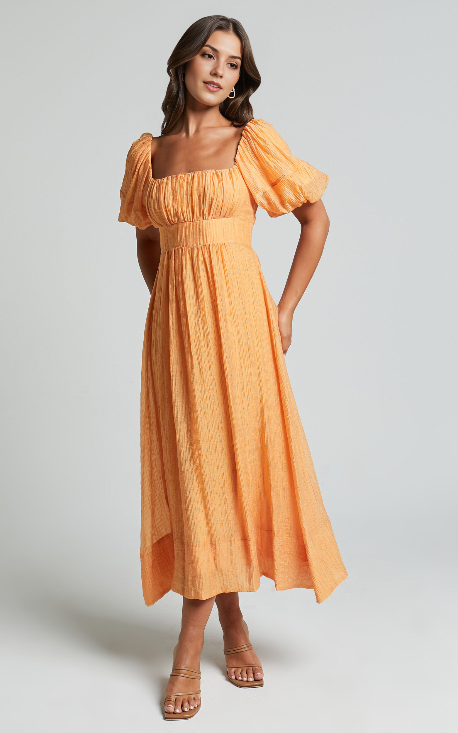 Roshina Midi Dress – Puff Sleeve Straight Neck Dress in Vibrant Orange