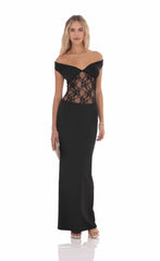 Off Shoulder Lace Cutout Maxi Dress in Black