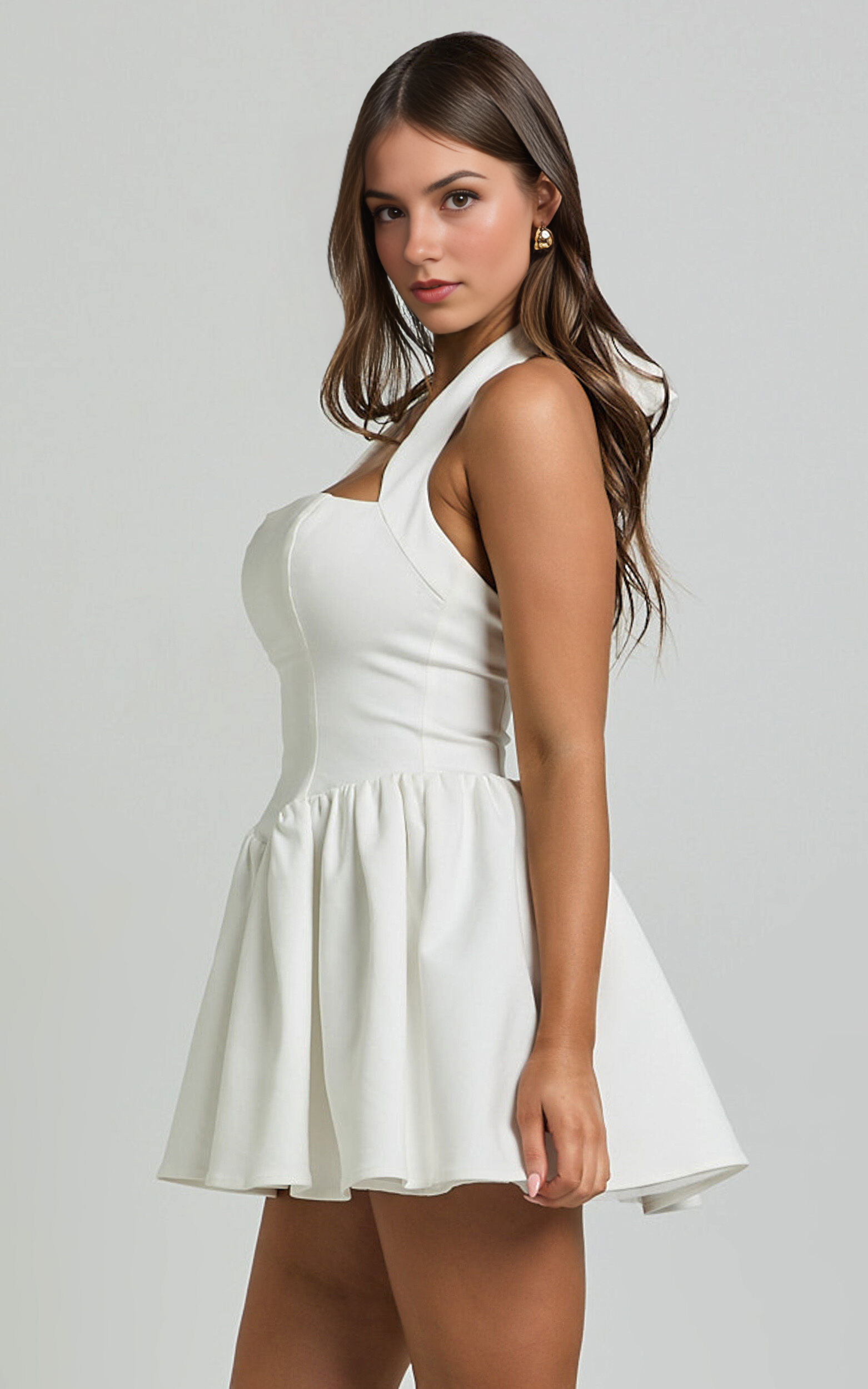 Helda Mini Dress – Halter Tie-Neck Corset Detail Dress in White
