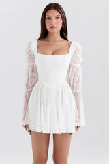 Evangeline Lace Puff-Sleeve Mini Dress