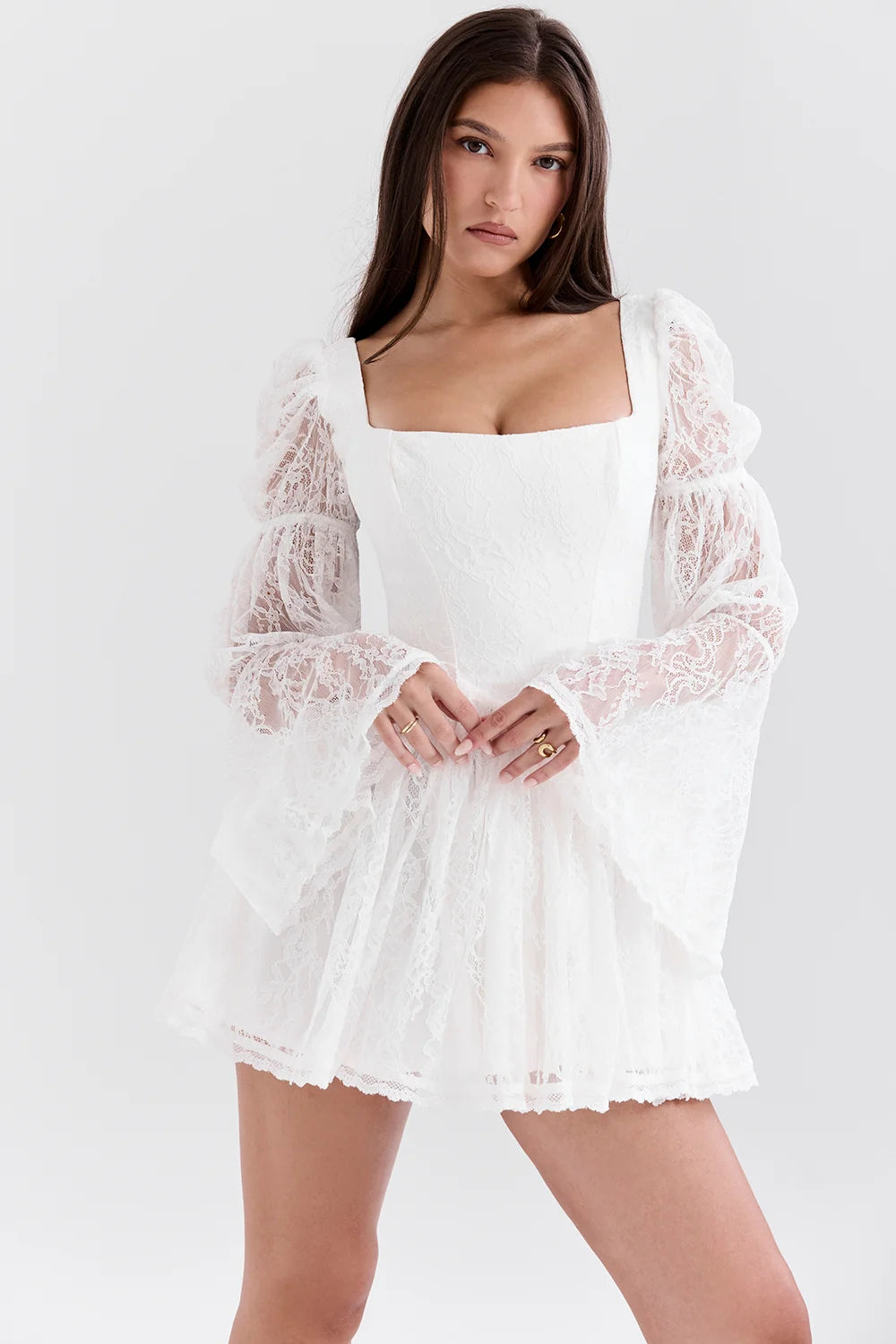 Evangeline Lace Puff-Sleeve Mini Dress