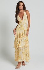 Floral Tiered Midi Dress - V-Neck Sleeveless Party Dress in Yellow