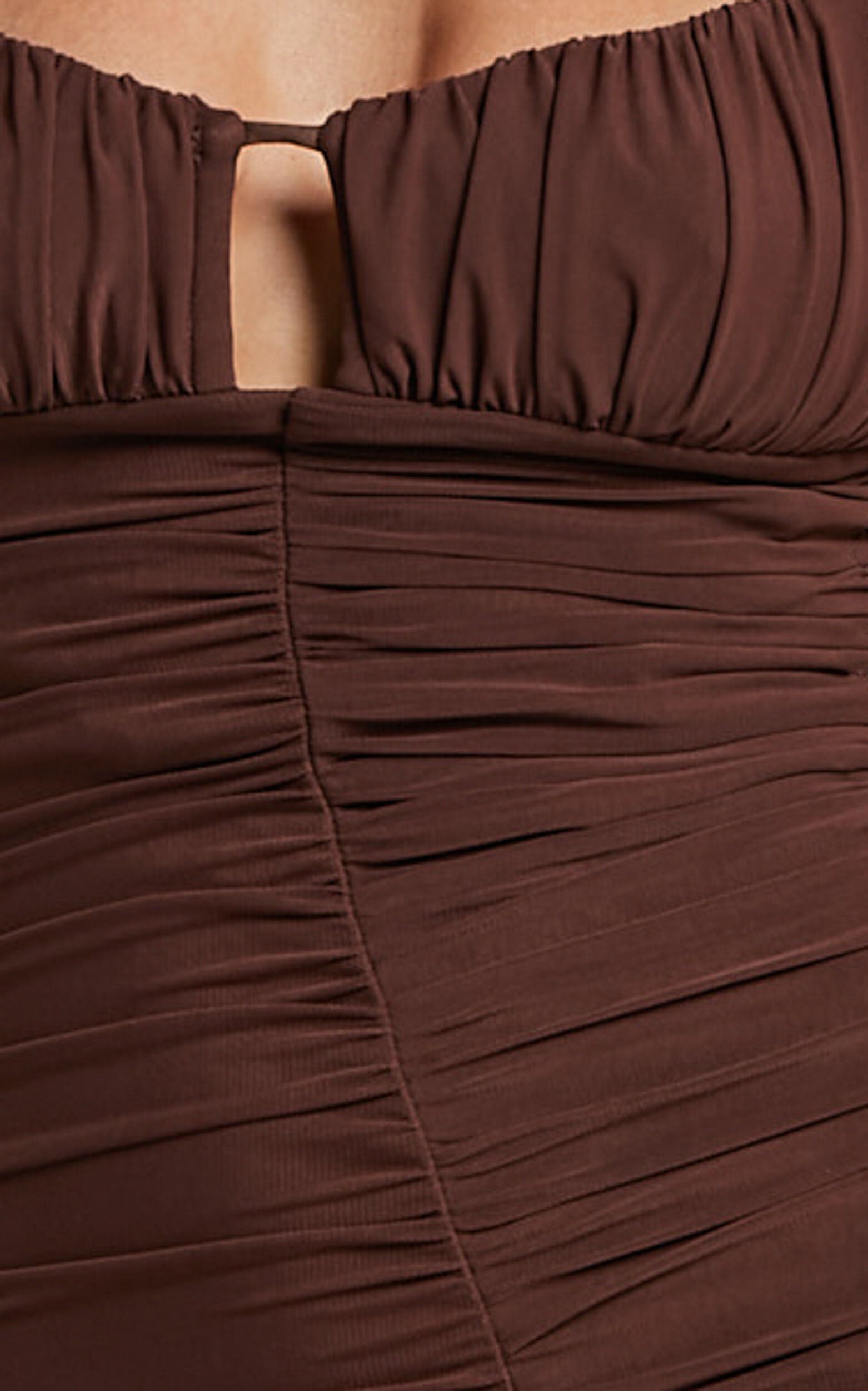 Harlene Maxi Dress – Chocolate Mesh Ruched Frill Hem Gown with V-Neckline