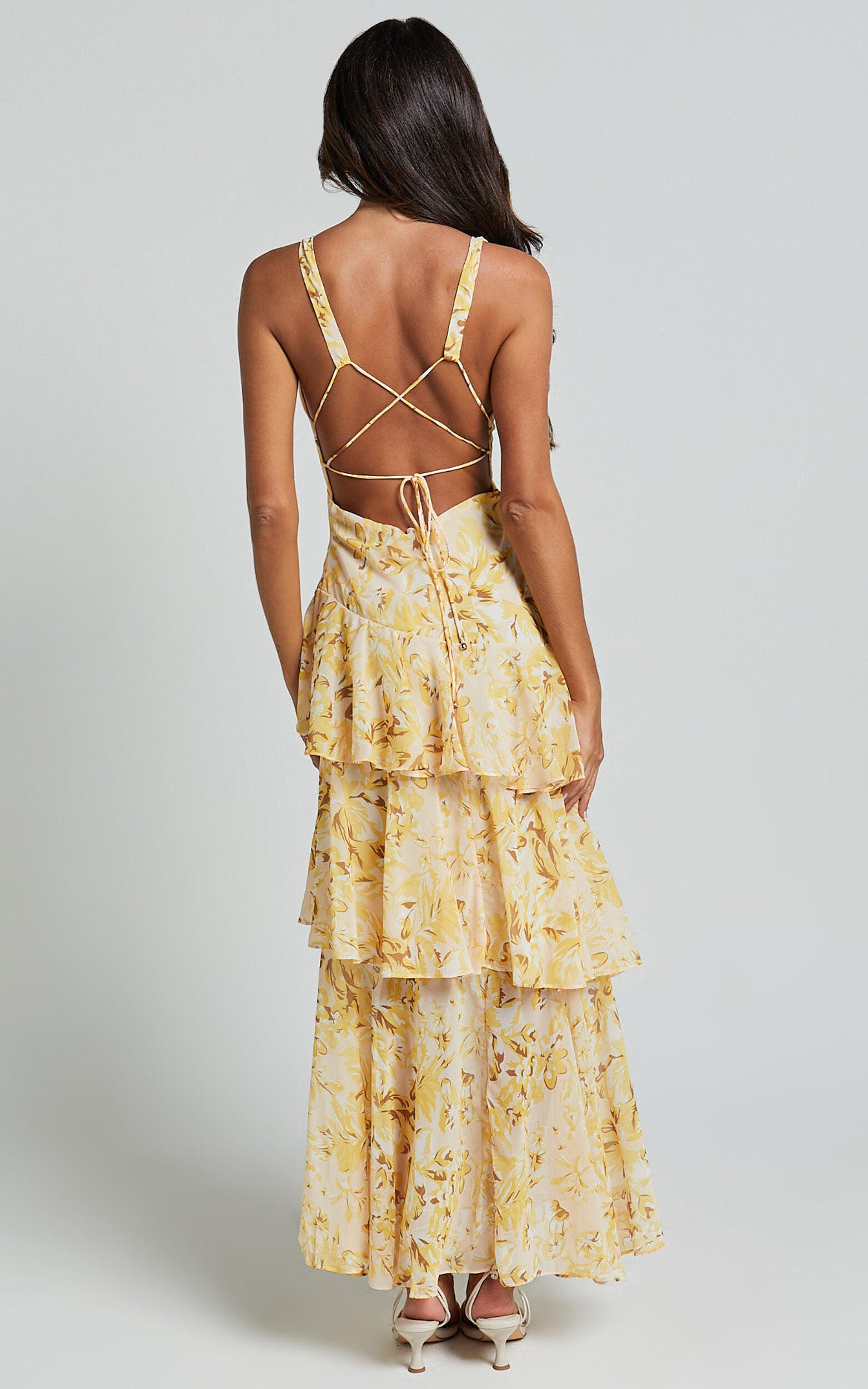 Floral Tiered Midi Dress - V-Neck Sleeveless Party Dress in Yellow