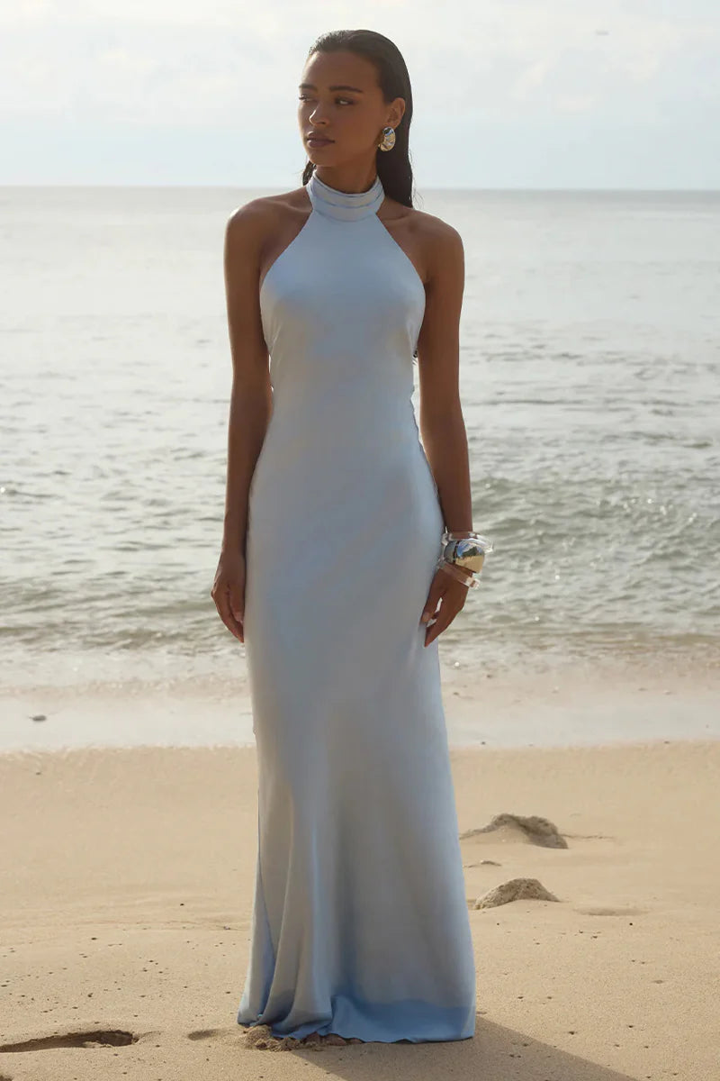 Brigitte Halter Neck Open Back Satin Maxi Dress