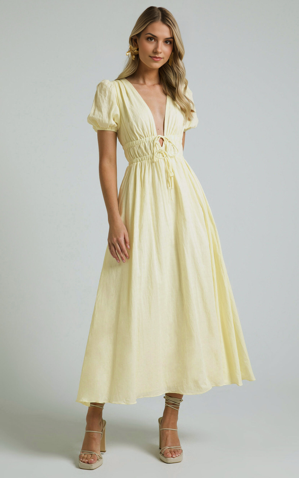 Portofino Midi Dress – Yellow V-Neck Puff Sleeve Midi for Effortless Daytime Style