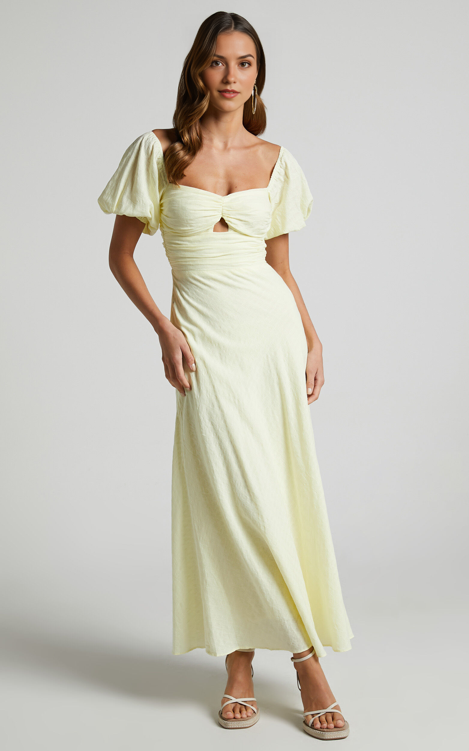 Vynna Midi Dress – Butter Yellow Puff Sleeve A-Line Dress with Ruched Bust & Scoop Neck
