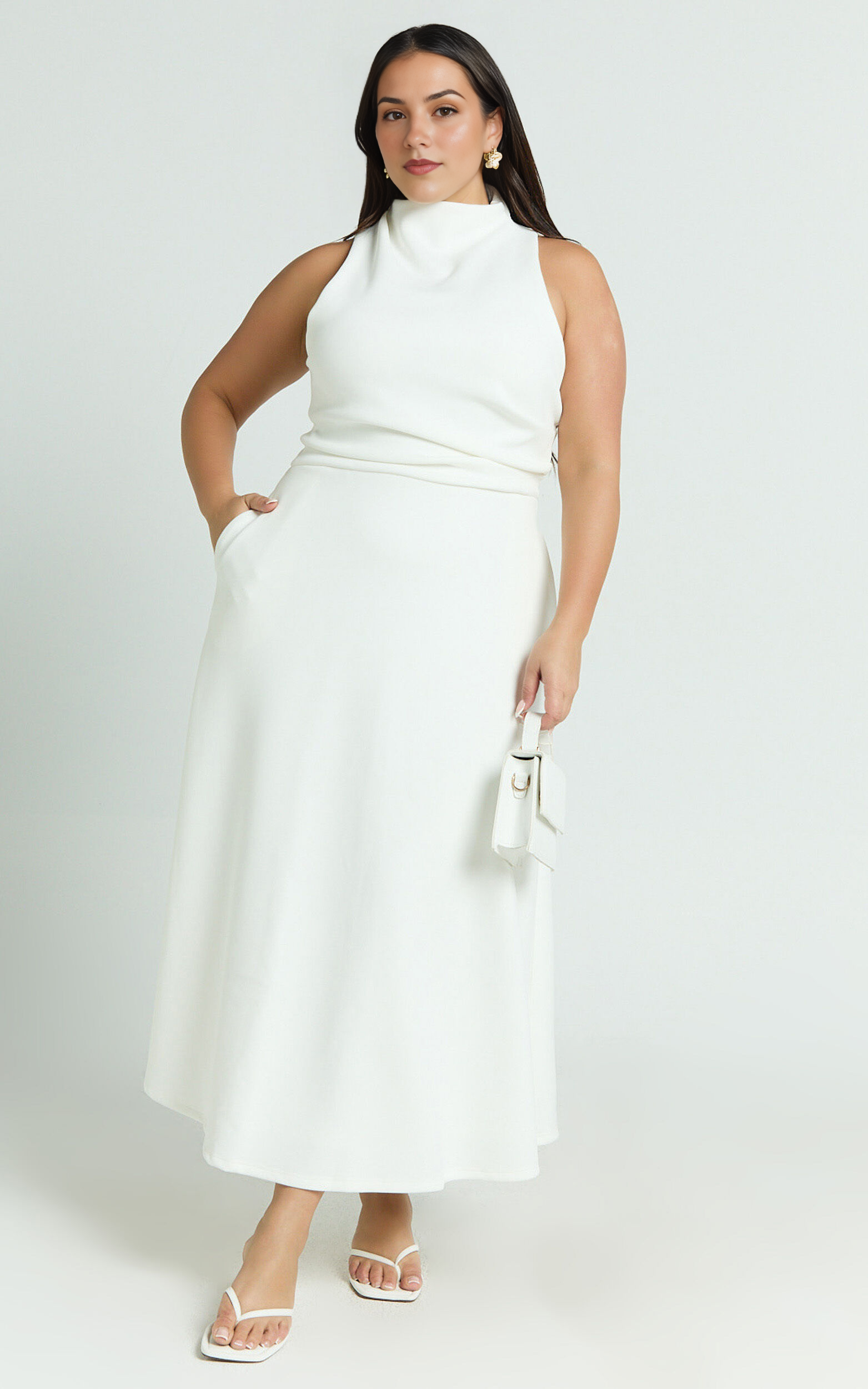 Macy Midi Dress – Sleeveless High-Neck A-Line Dress in Off White