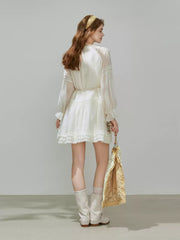 Elbow Sleeve Embroidered Ruffle Trim Tie Front Mini Dress