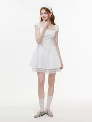 White Lace Trim Square Neck Mini Dress