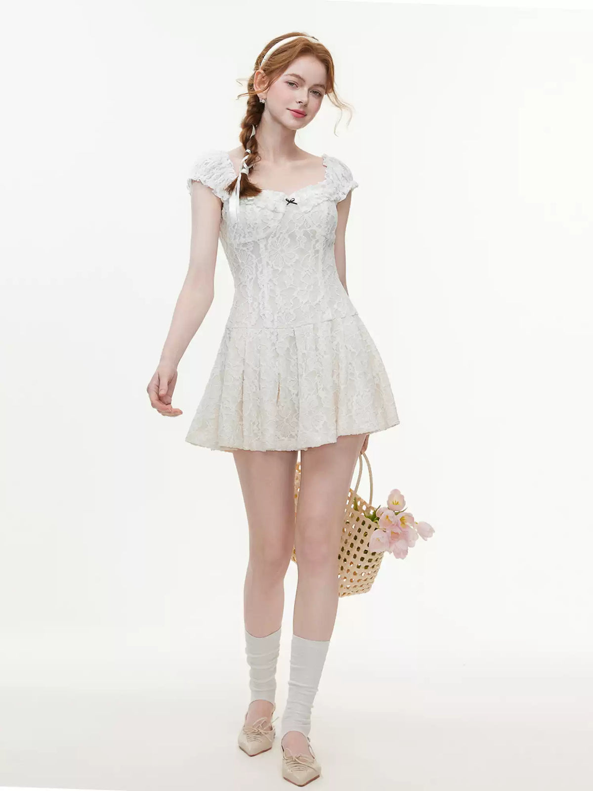 Cream Devore Lace Bardot Bodycon Dress