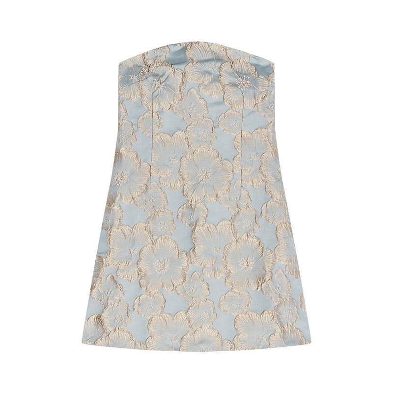 Aesthetic Pose Slate Blue and Gold Jacquard Strapless Mini Dress