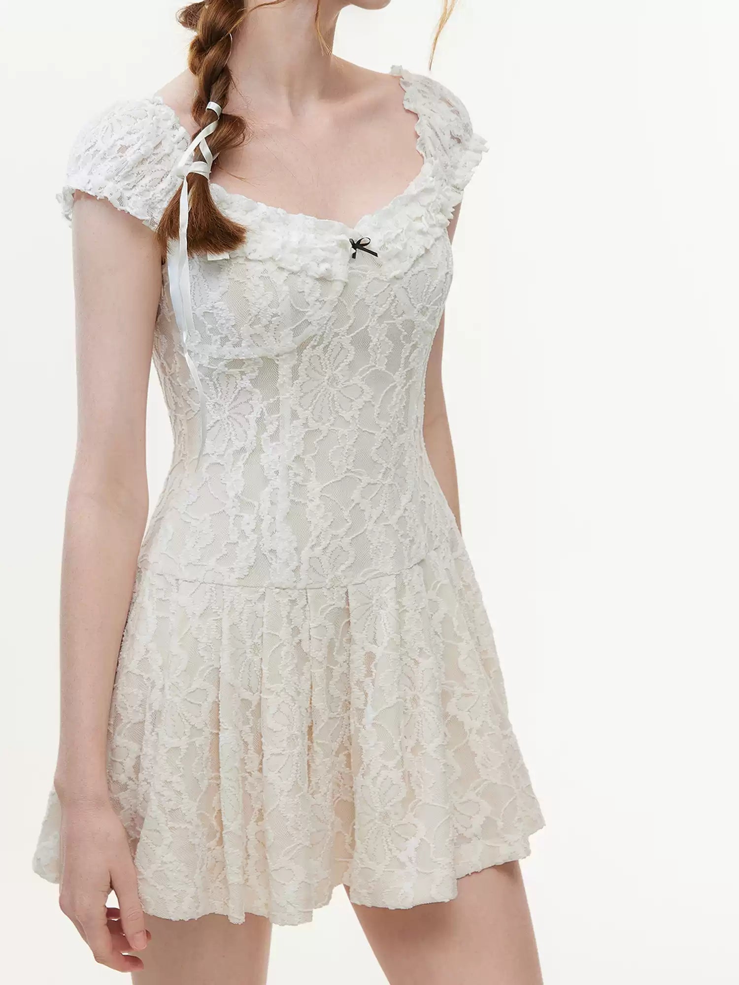 Cream Devore Lace Bardot Bodycon Dress