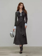 Crew Neck Contrast Trim Half-Buttoned A-Line Dress