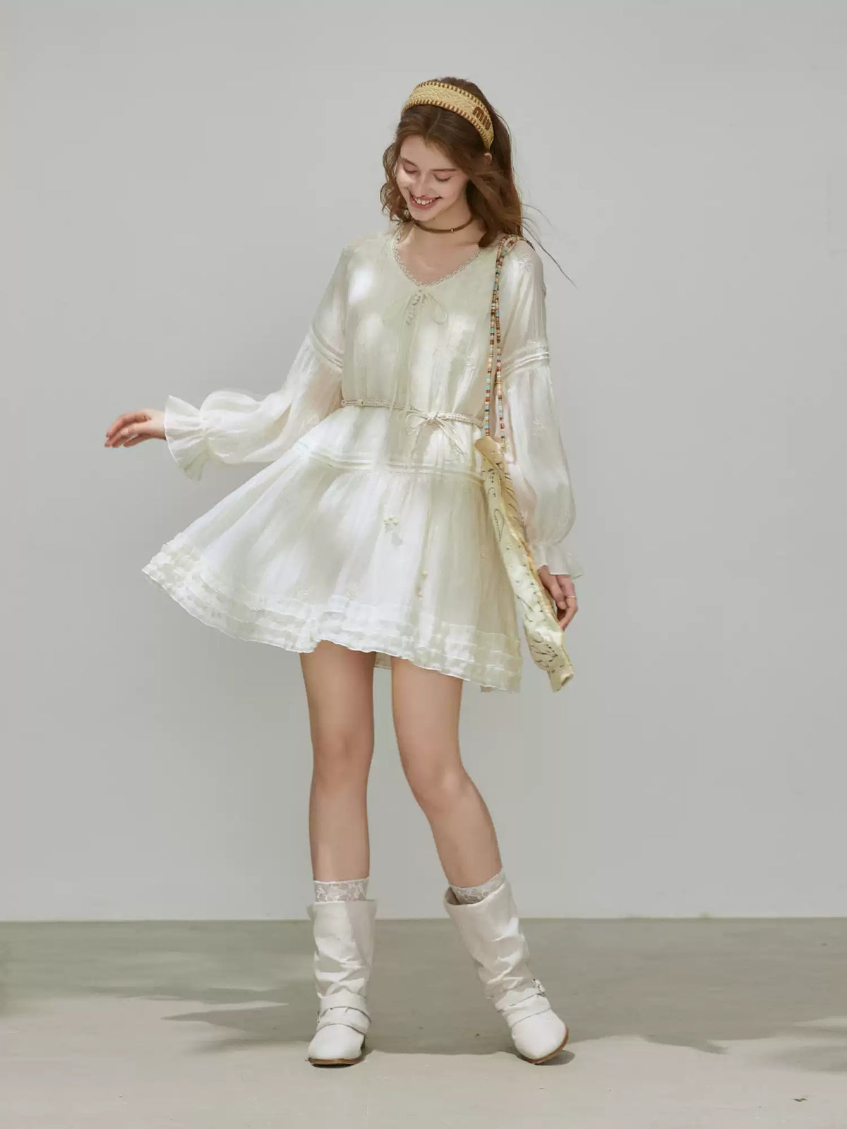 Elbow Sleeve Embroidered Ruffle Trim Tie Front Mini Dress