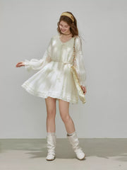 Elbow Sleeve Embroidered Ruffle Trim Tie Front Mini Dress
