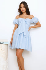 Rosebud Radiance Off Shoulder Mini Dress Blue