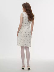 Striinkie - Sleeveless V-Neck Floral Bow Lettuce Edge Mesh Midi Sheath Dress