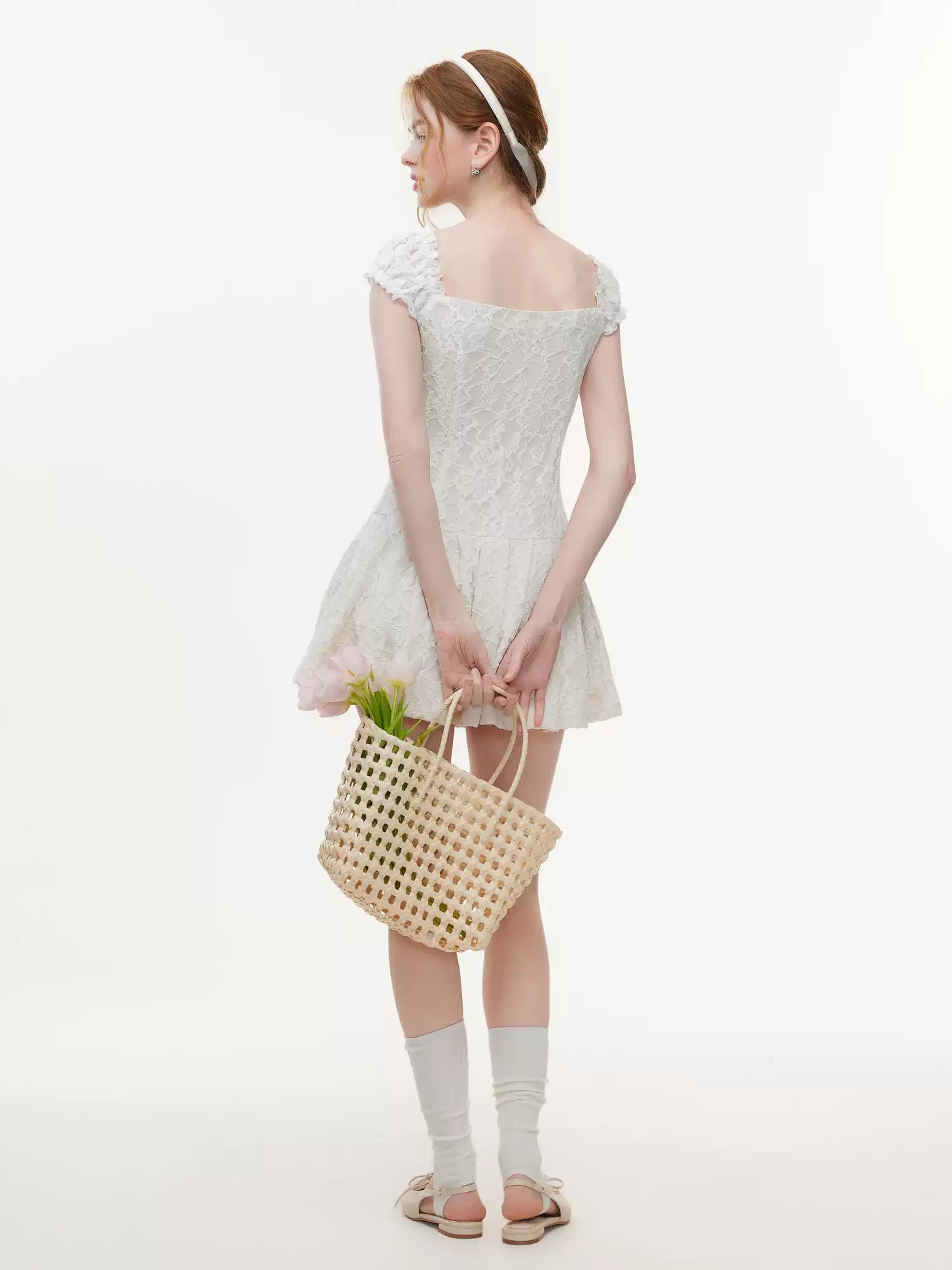 Cream Devore Lace Bardot Bodycon Dress