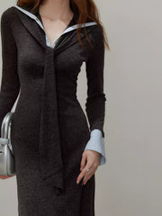 Crew Neck Contrast Trim Half-Buttoned A-Line Dress