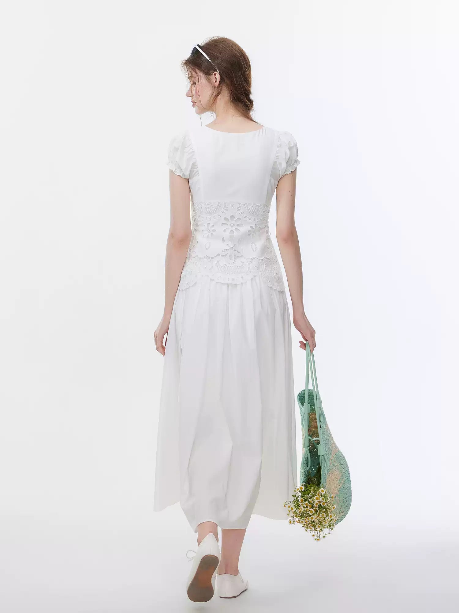Lace-Paneled Cotton Poplin Midi Dress