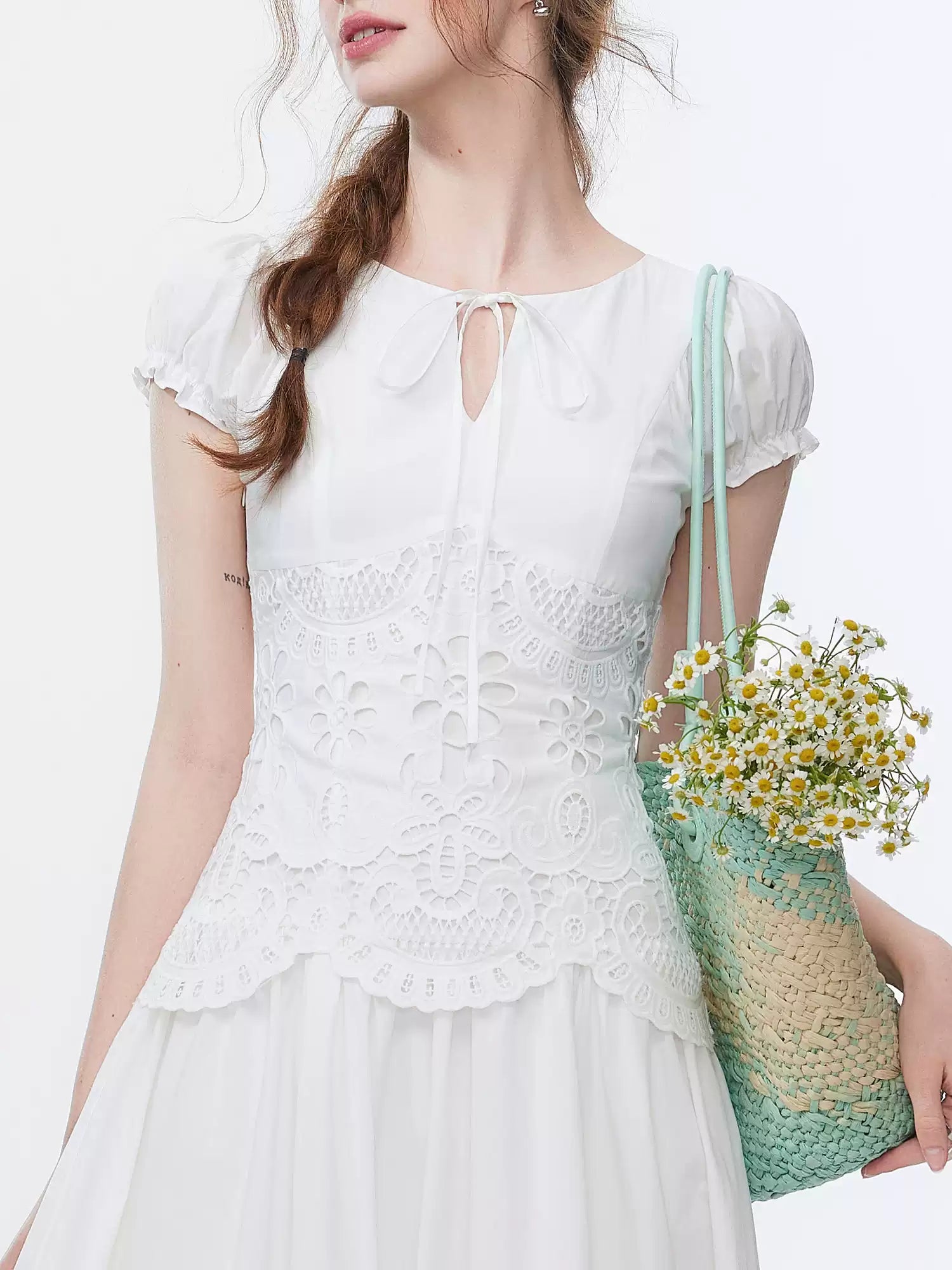 Lace-Paneled Cotton Poplin Midi Dress
