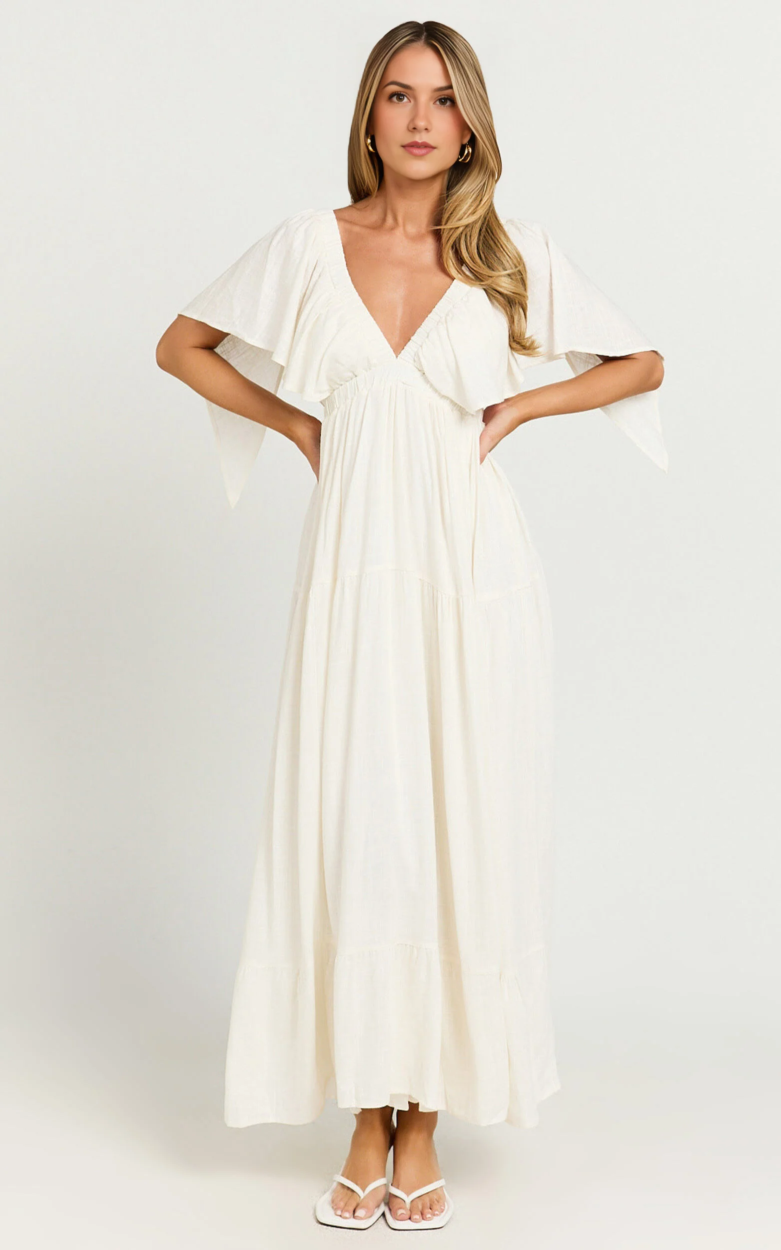 Lyrad Midi Dress – White Linen-Feel Empire Waist Textured Dress