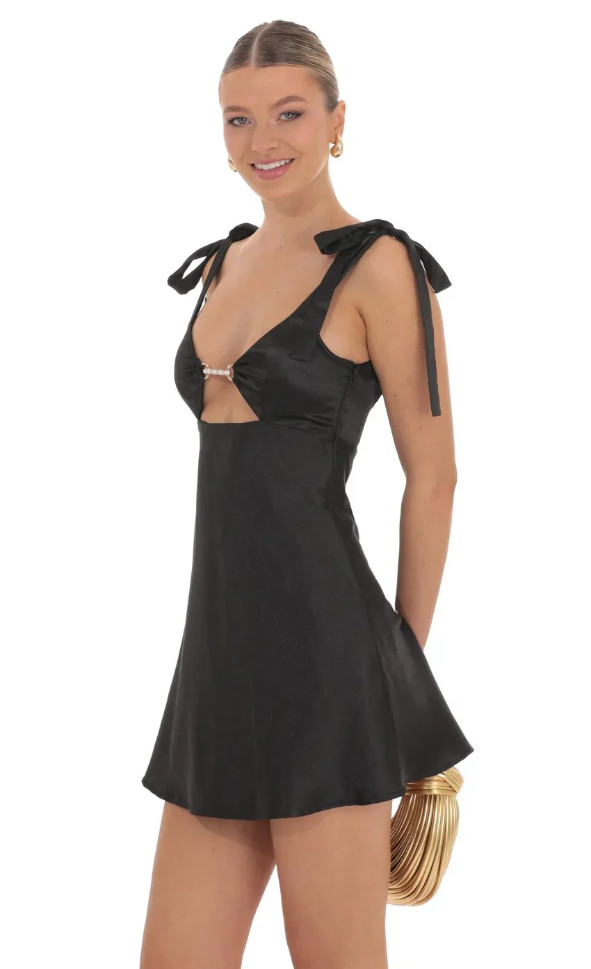 Pearl Cutout Satin Dress in Black