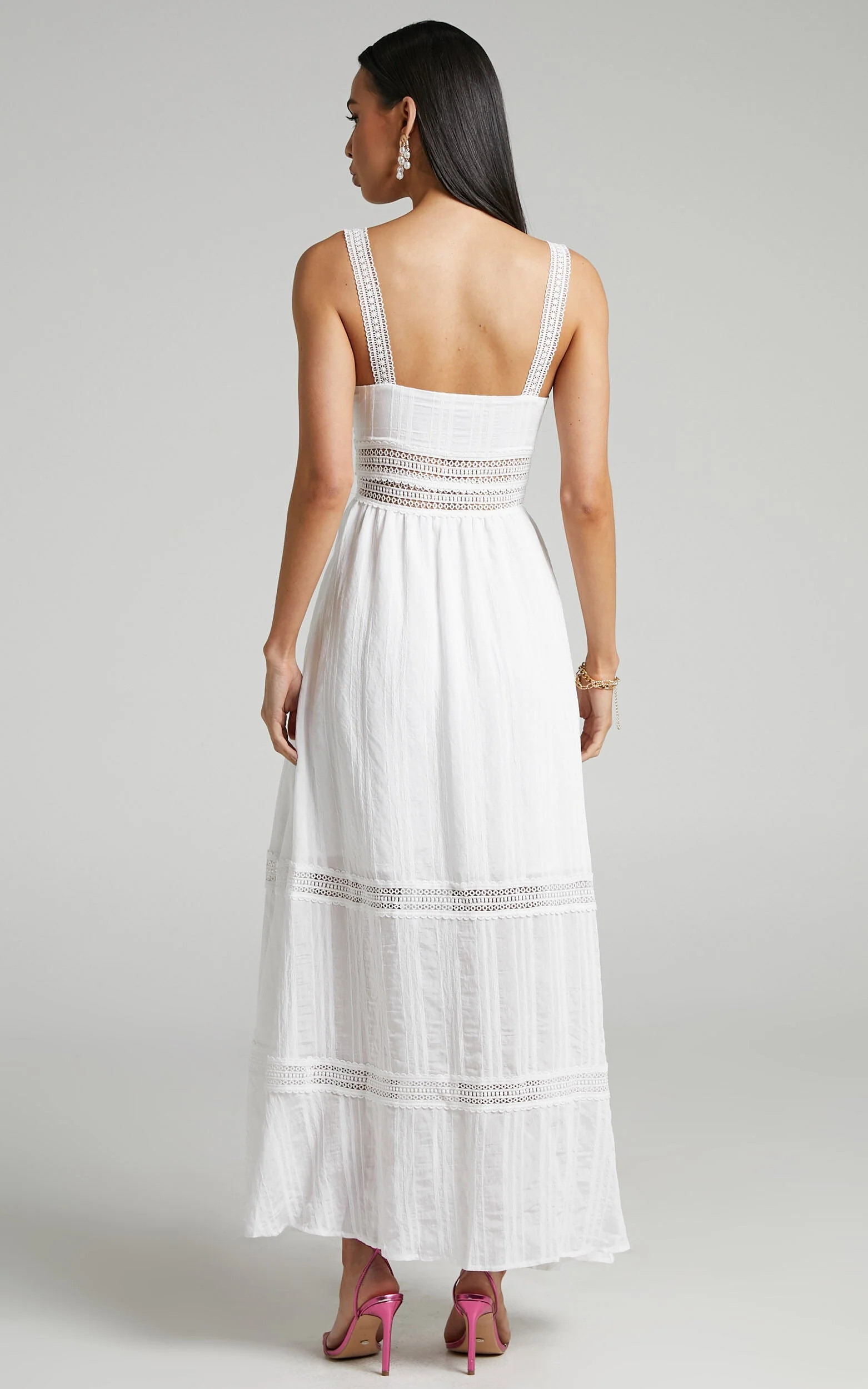 Angelique Maxi Dress – White Lace Trimmed Tiered Maxi with Textured Finish