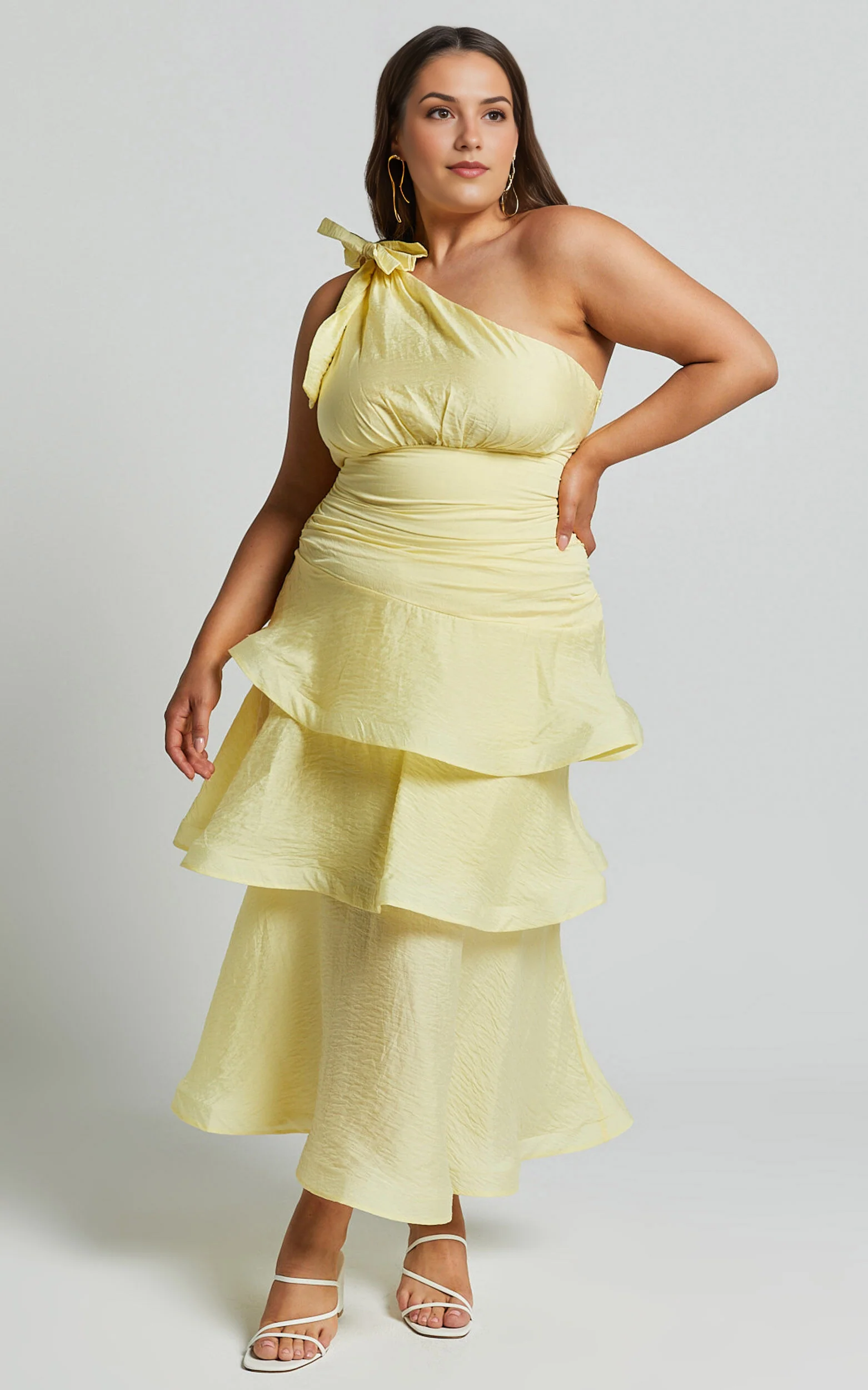 Eugenia Midi Dress – Yellow One-Shoulder Layered Fit & Flare Dress