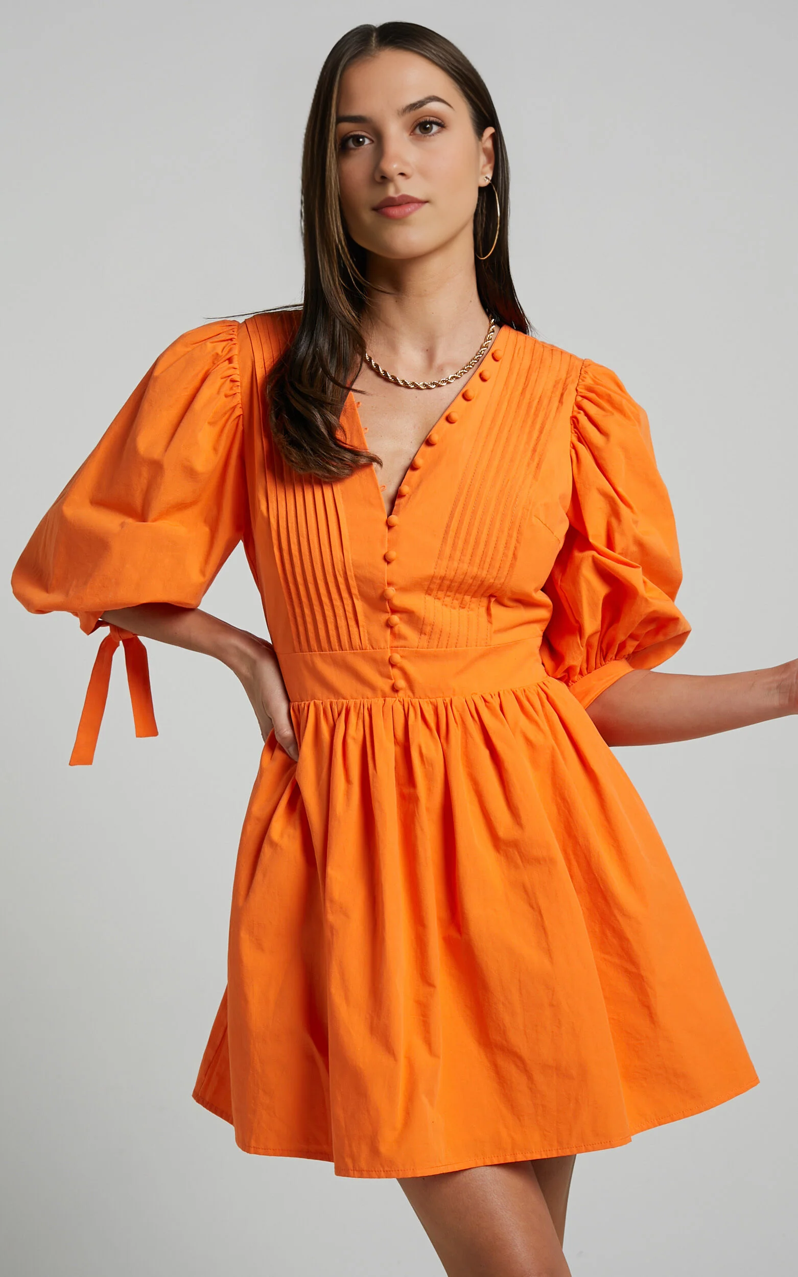 Zandra Mini Dress – Orange Puff Sleeve Fit & Flare Poplin Dress