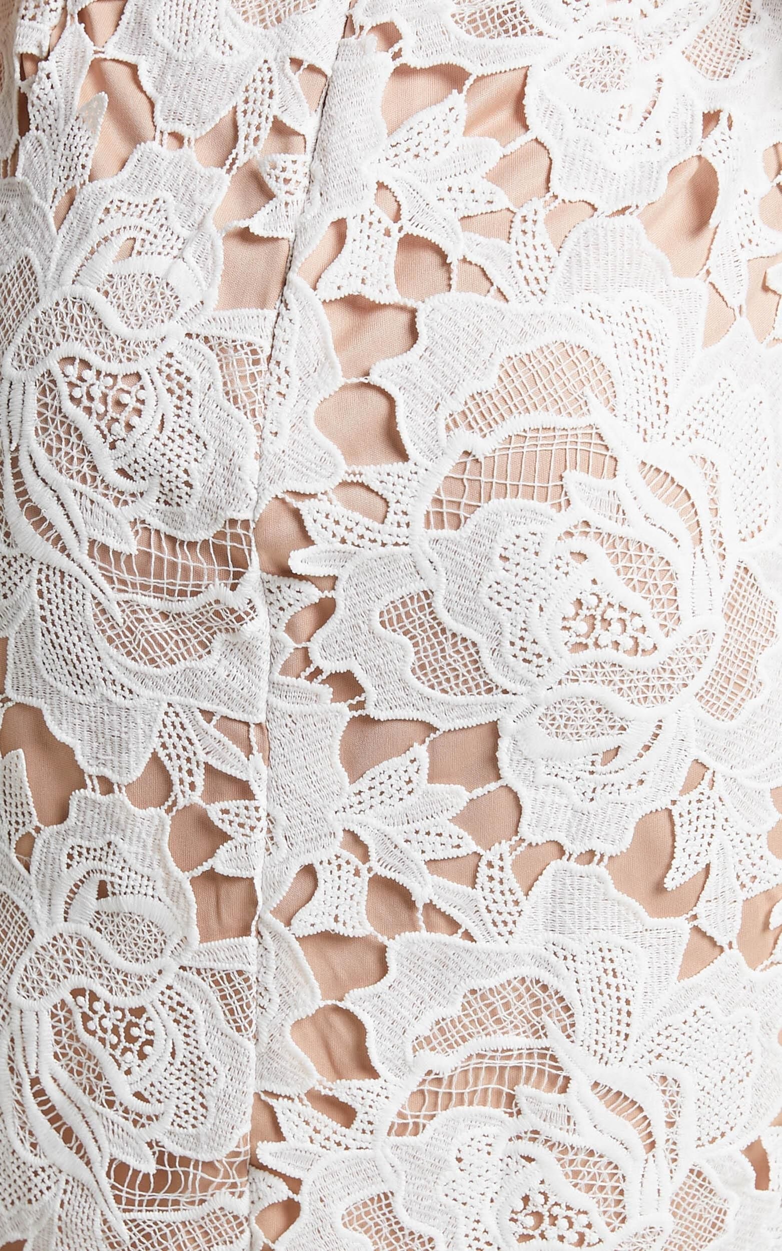 Lace To Lace Midi Dress – White Strapless Lace Bodycon with Side Split