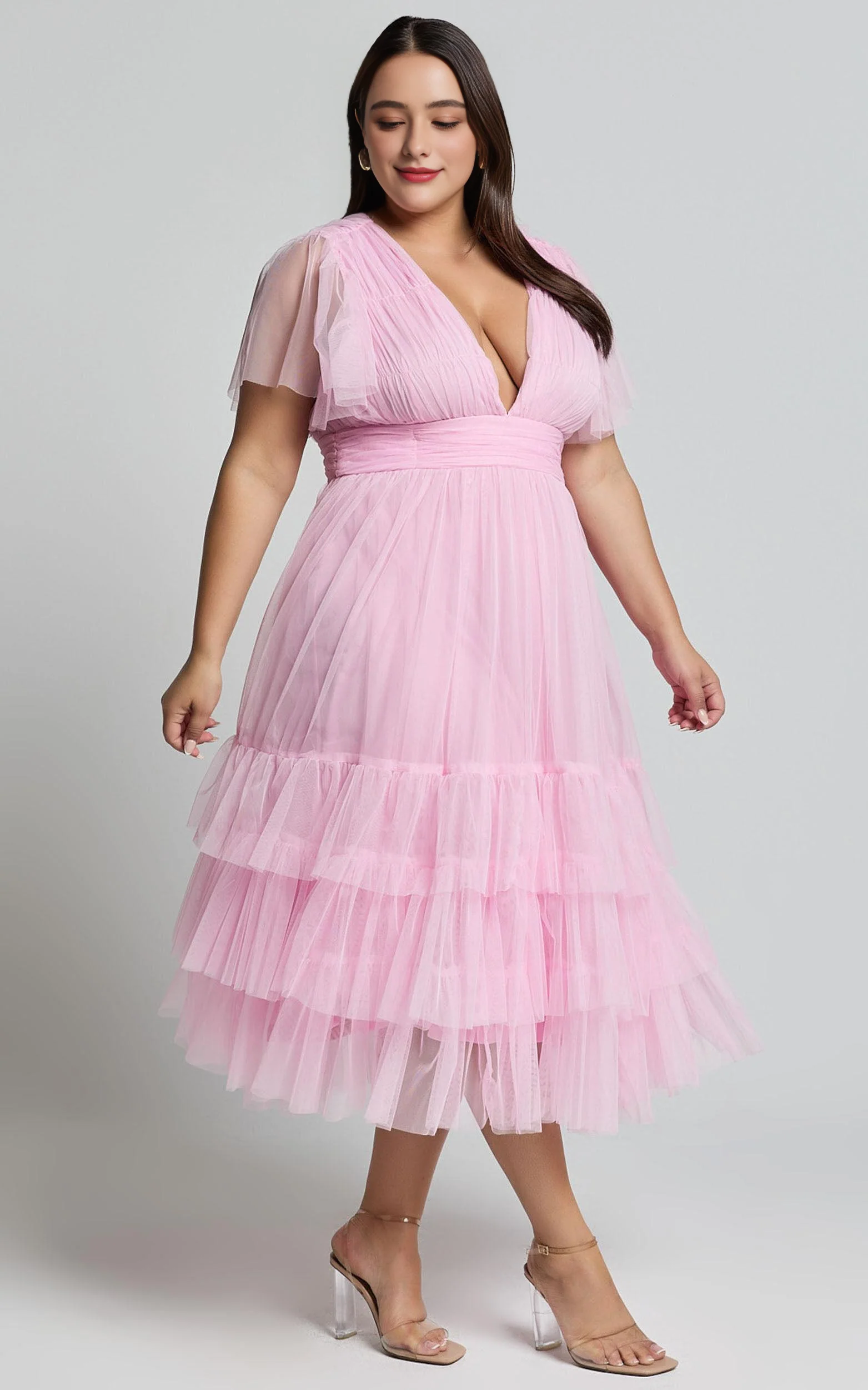 Flutter Sleeve Tulle Plunge Midi Dress in Ballet Pink